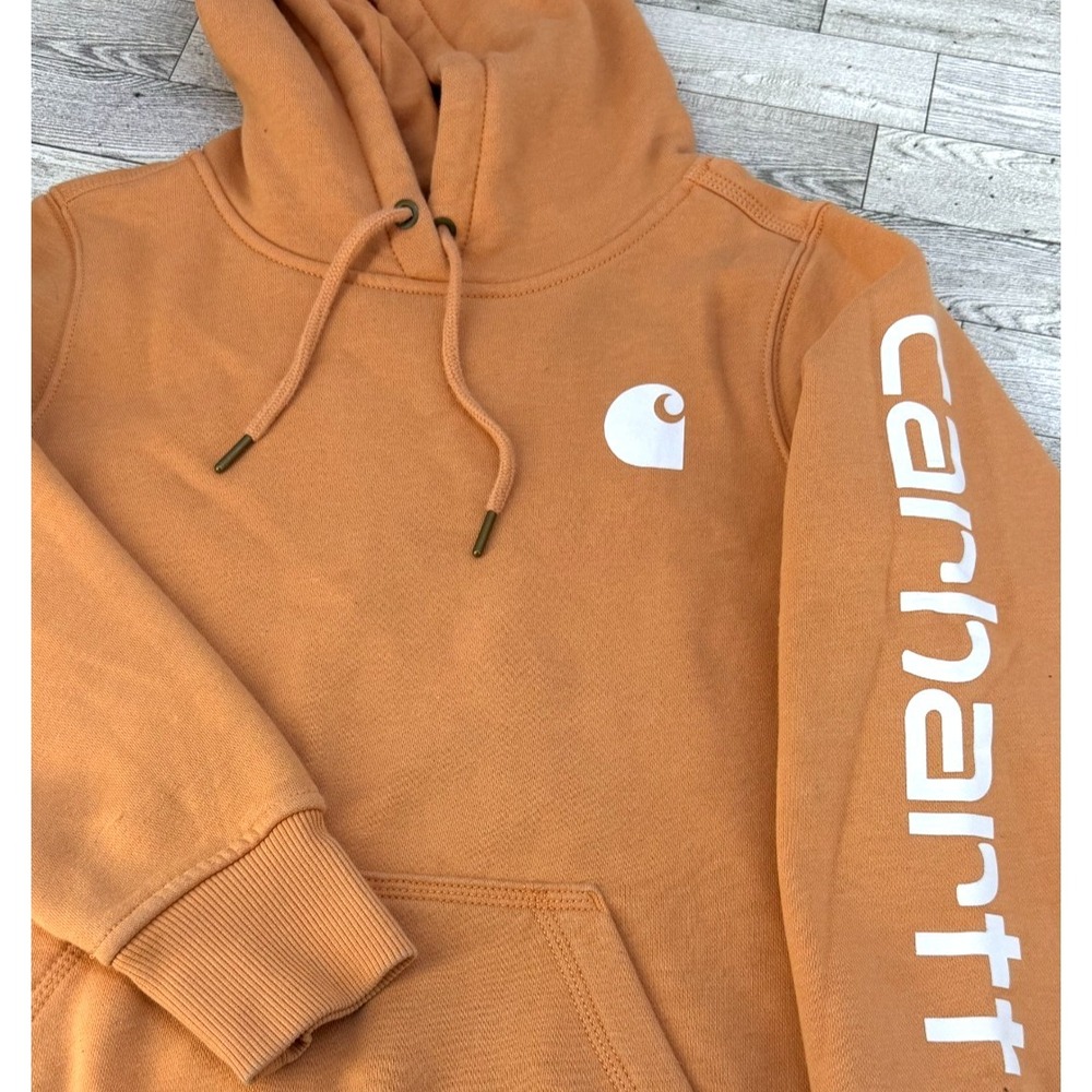 Carhartt Womens XS Relaxed Fit Midweight Logo Sleeve Graphic Hoodie Peach Orange